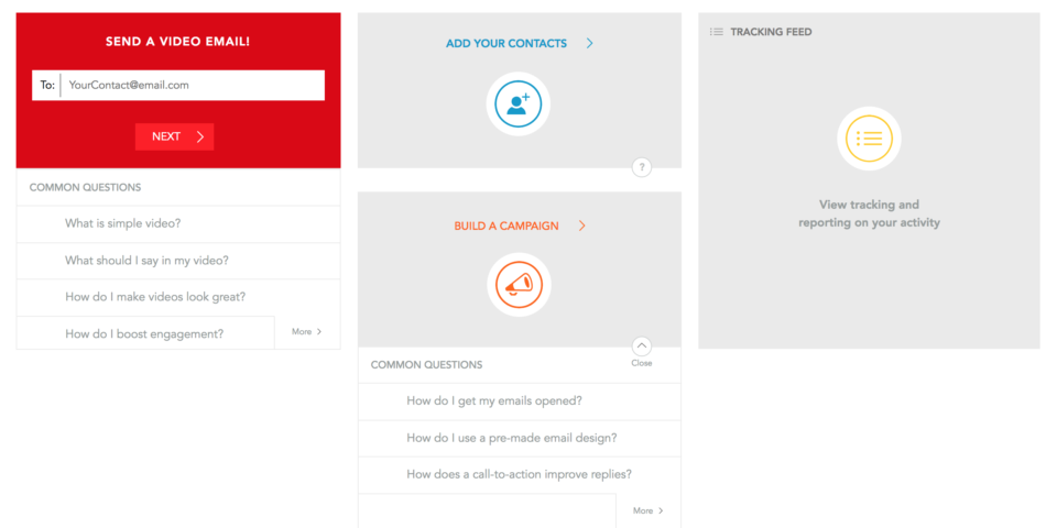 common questions, FAQ, FAQs, frequently asked questions, manage email contacts, send videos, build campaigns, create emails, track results